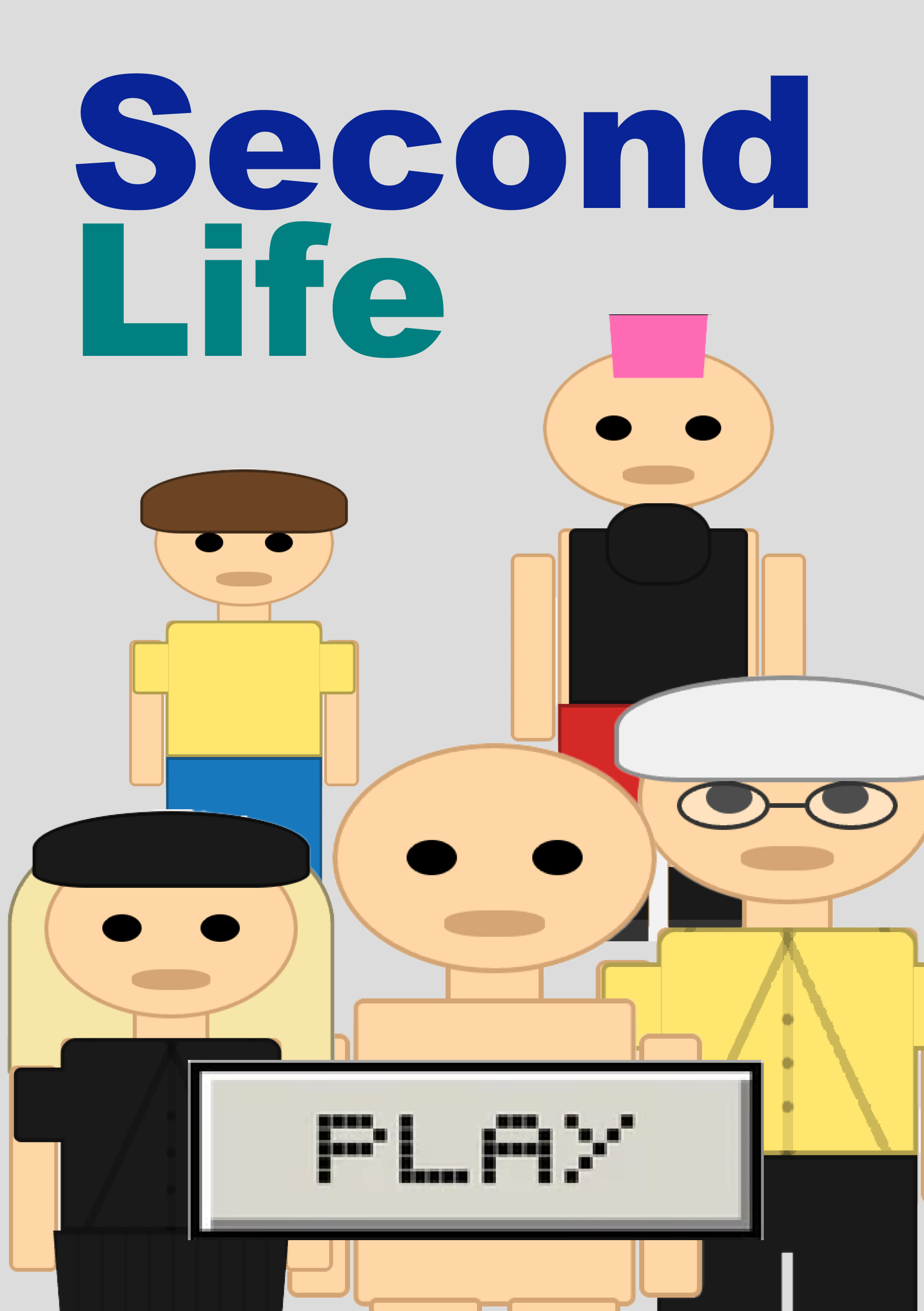 Second Life project poster with a group of illustrated characters